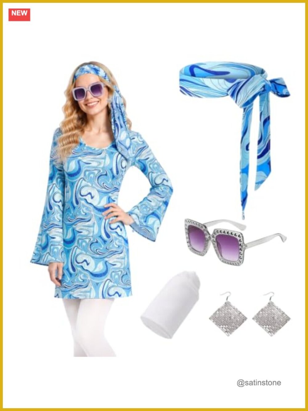 70s Disco Hippie Costume Set 5-Piece Retro Halloween Outfit Women